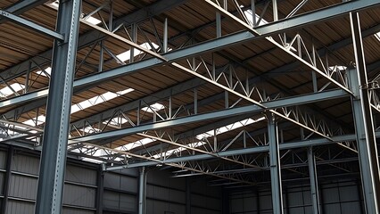 Steel frame construction detail in an industrial workshop with architectural structure.