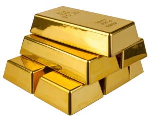 : Polished gold bars neatly stacked, shining brilliantly, cut out.
