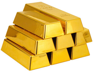 Polished gold bars neatly stacked, shining brilliantly, cut out