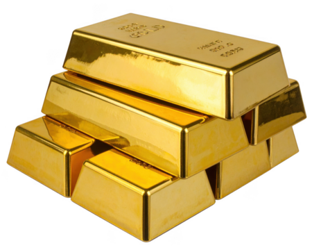 : Polished gold bars neatly stacked, shining brilliantly, cut out.