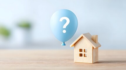 A small wooden house sits beside a floating blue balloon with a white question mark representing the uncertainty questions or decisions involved in real estate and homeownership
