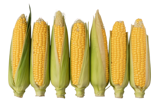 A row of fresh, ripe ears of corn are presented on a Transparent background.