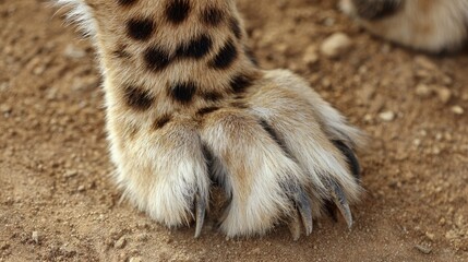Close up detailed view of an African cheetahs powerful foot with sharp claws, spotted fur, strong paw pads and wild animal strength, showing speed, predator instinct and natural wildlife texture