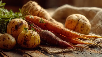A rustic composition of carrots, parsnips, and potatoes, natural light