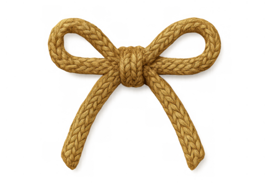 Braided rope bow creating a decorative knot, presenting a gift concept with natural texture on a transparent background