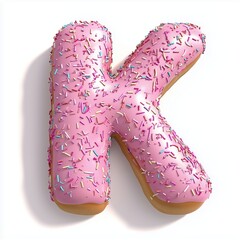 A font K donut shape with pink cream topping, snack food isolated white