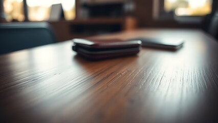 A sleek wallet lies on a wooden surface, highlighted by warm ambient lighting in a minimalist setting.