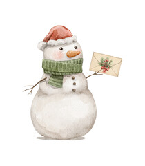 Christmas vintage cartoon cute snowman in Santa hat and scarf holds an envelope with invitation letter isolated on white background. Watercolor and pencil hand drawn illustration sketch