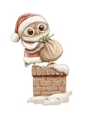 Christmas vintage cartoon cute owl dressed as Santa clothes with sack of presents gifts climbs into the chimney isolated on white background. Watercolor and pencil hand drawn illustration sketch