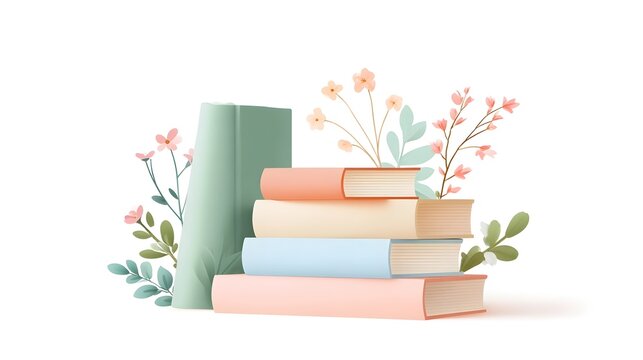 A charming illust n featuring a stack of pastel colored books nestled amongst delicate blooming flowers and lush green foliage conveying a sense of peace and intellectual pursuit