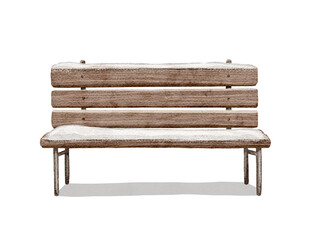 Watercolor vintage wooden bench with backrest, shade and snow isolated on white background. Hand drawn illustration sketch