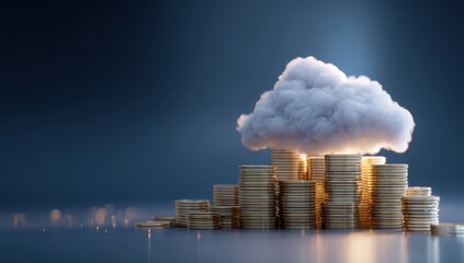 A fluffy cloud rests atop stacks of coins, symbolizing financial growth and prosperity against a dark, atmospheric , creating a visual metaphor for wealth.
