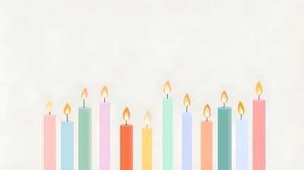 Row of brightly lit pastel colored celeb n candles in various hues creating a warm and festive atmosphere on a textured neutral background