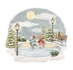 Christmas vintage composition with cute pair couple of kittens animals in clothes skates in winter park with ice rink isolated on white background. Watercolor and pencil hand drawn illustration sketch