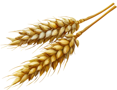 Two ripe golden wheat ears with delicate awns isolated on transparent background - Powered by Adobe