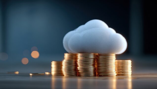 A fluffy white cloud rests atop stacks of golden coins, symbolizing the concept of cloud computing and financial growth in a visually appealing composition.