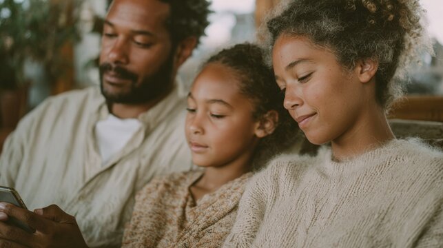Family of three - a father, mother and daughter - sitting together on a couch. the father is on the left side of the image, holding a smartphone in his hand and looking at it intently.