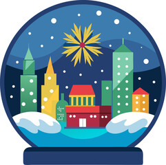 Snow globe showing city fireworks , white background