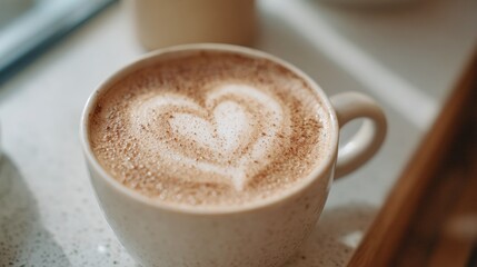 Close-up of a cup of coffee with a heart-shaped latte art on top. the cup is white and has a handle on the side. the coffee is sitting on a white countertop with a blurred background.