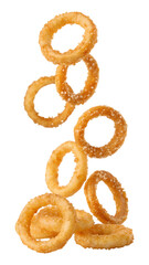 Falling onion rings isolated on transparent background