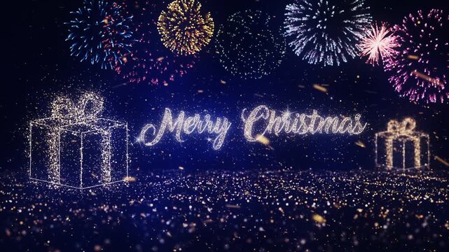 Merry Christmas text with Christmas Gift Box made up of Glittering magical particles along with snowy, twirly particles, fireworks background and particles base
