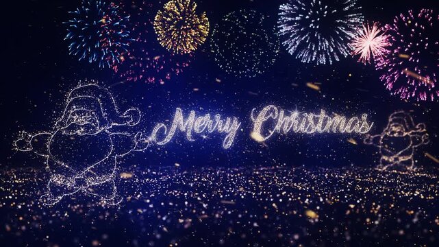 Merry Christmas text with Christmas Santa made up of Glittering magical particles along with snowy, twirly particles, fireworks background and particles base