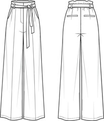 Wide leg paperbag trousers flat sketch, fashion technical drawing, CAD pants vector, garment design template, apparel illustration for designers