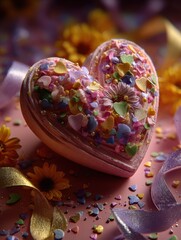 Colorful heart-shaped dessert with sprinkles.