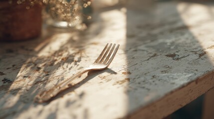 Close-up of a wooden table with a rusty fork resting on it. the table appears to be old and weathered, with peeling paint and rust visible on the surface.