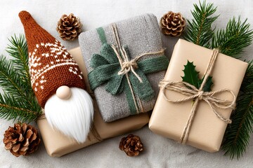 Fototapeta premium Christmas gnome with festive gifts and winter decorations