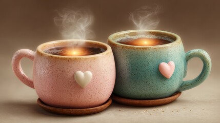 Cozy mugs with steaming beverages for warmth.