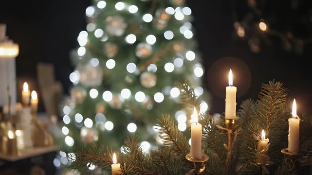 A serene and beautifully composed festive scene showcases a gently swaying evergreen tree adorned with sparkling white lights and subtle ornaments, softly blurred in the background. In the foreground,