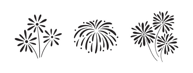 Firework crayon doodle set, hand drawn. Magic holiday firecrackers, twinkle sparkle icons. Pencil sketch of bursting rays. Flash on white, kid style drawings. Vector textured fireworks illustration