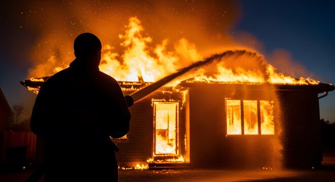 Close up of a heroic silhouette of a firefighter amidst the flames of firefighting efforts on a house structure