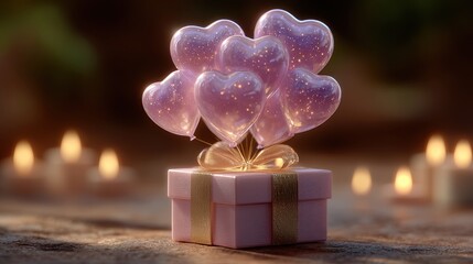 Gift box with heart balloons for celebrations.