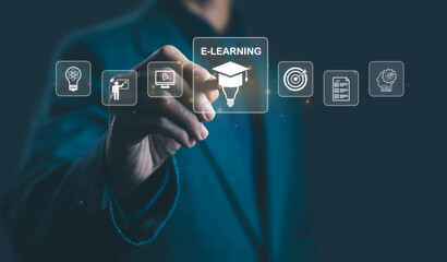 E-learning concept with businessman touching virtual education icons on digital screen. Modern online learning technology showing innovation, training, knowledge, and academic growth for digital.