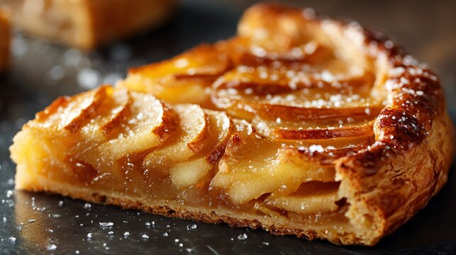 A galette slice showing caramelized apple interior