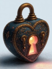 Intricate heart-shaped lock with a glowing keyhole.