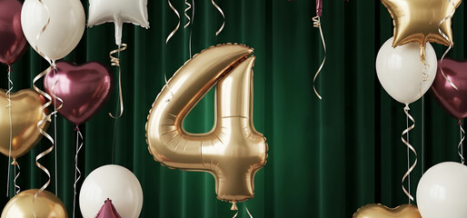 Golden Number 4 Balloon Celebration on Dark Green