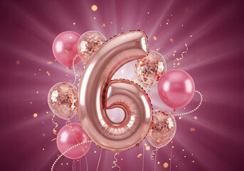 Rose Gold Number 6 Balloon Celebration with Confetti and Pink Background