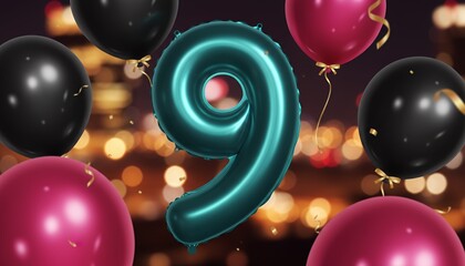 Number 9 Celebration with Teal, Pink, and Black Balloons