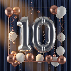 Elegant 10th Celebration with Rose Gold and Silver Balloons on Blue