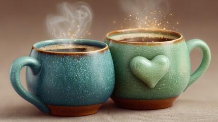 Two steaming cups of coffee with a cozy touch.