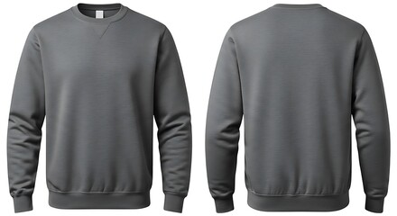 Front and back view of a dark grey heathered crewneck sweatshirt on a white background