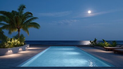 Infinity Pool Stretching Into Ocean Horizon Under Moonlit Sky at Night