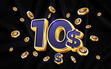Ten Dollar Reward: Golden Coins and 3D Number on Dark Background