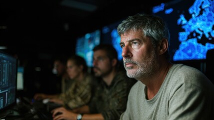 Focused middle-aged man working on computer in a high-tech control room with colleagues