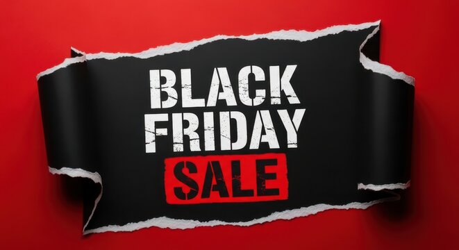 Black friday sale announcement on torn black paper banner with white text and red accents, set against a vibrant red background