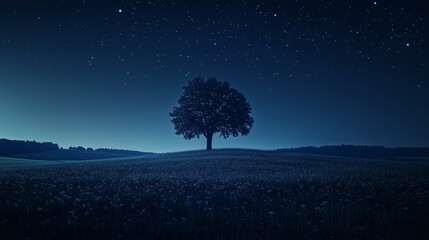 Solitary Tree on a Hill Under a Starry Night Sky: Minimalist Twilight Landscape