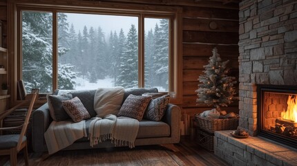 Fototapeta premium Interior scene of a cozy cabin with a fireplace and a winter forest view.